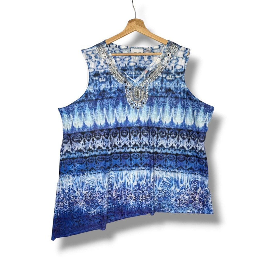Avenue Womens Plus Size 26/28 Blue Geometric Print Beaded V-Neck Tank Top Tunic